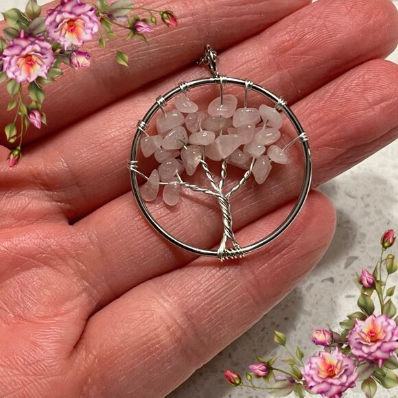 Pink Crushed Stone Silver Color Tree Of Life Necklace - Picture 1 of 9
